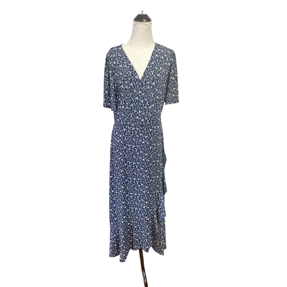 Muse Petite Navy Blue Floral Wrap Midi Dress Ruffle Hem XLP D18216P NEW